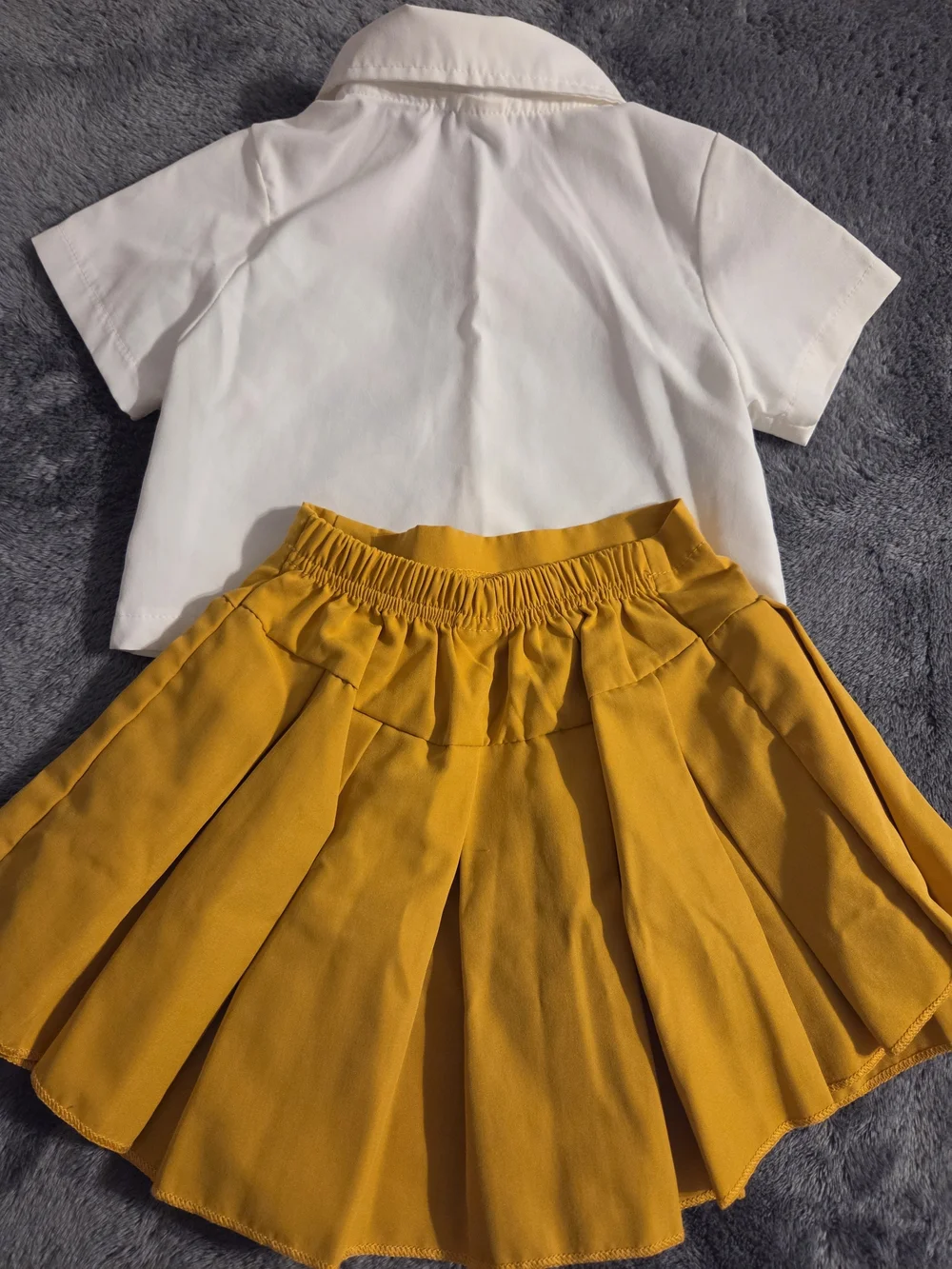 Girls White Graphic Crop Shirt with Mustard Yellow Pleated Skirt Set